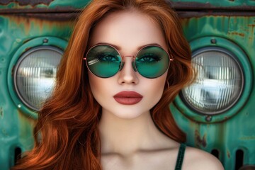 Wall Mural - A woman with long, fiery red hair wears round, green sunglasses and poses against a weathered green vehicle