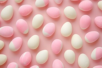 Poster - Pink and white candy eggs pattern on a pink background in a flat lay with a minimal concept photographed in a studio with lighting using a high resolution digital camera