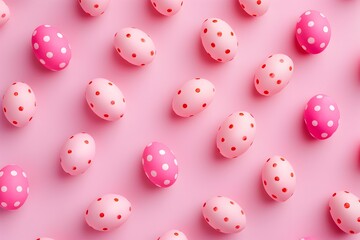Poster - Pink and white candy eggs pattern on a pink background in a flat lay with a minimal concept photographed in a studio with lighting using a high resolution digital camera