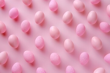 Poster - Pink and white candy eggs pattern on a pink background in a flat lay with a minimal concept photographed in a studio with lighting using a high resolution digital camera