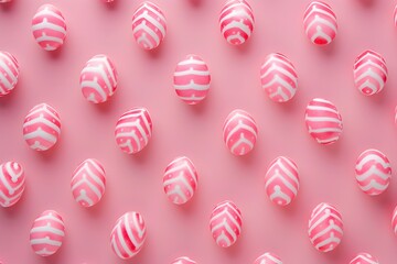 Poster - Pink and white candy eggs pattern on a pink background in a flat lay with a minimal concept photographed in a studio with lighting using a high resolution digital camera