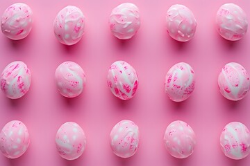 Poster - Pink and white candy eggs pattern on a pink background in a flat lay with a minimal concept photographed in a studio with lighting using a high resolution digital camera