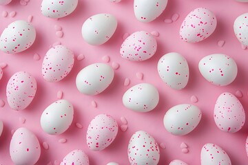 Poster - Pink and white candy eggs pattern on a pink background in a flat lay with a minimal concept photographed in a studio with lighting using a high resolution digital camera