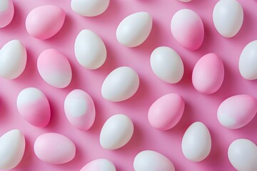 Poster - Pink and white candy eggs pattern on a pink background in a flat lay with a minimal concept photographed in a studio with lighting using a high resolution digital camera