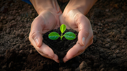 Wall Mural - A young sprout grows out of the ground, protected by hands. View from above. Seedlings. The concept of farm and gardening. Environmental problems. Restoration of nature. Agricultural industry.