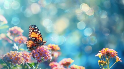 Poster - A Butterfly on Flowers with a Blue Bokeh Background