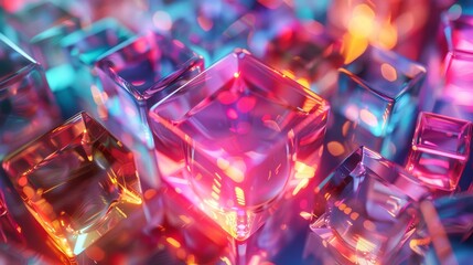 Wall Mural - Colorful 3D rendering of translucent glass cubes with glowing edges and blurred background