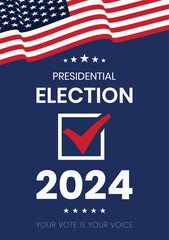 Wall Mural - USA 2024 Presidential Election background with American flag colors design. Election event banner, card, poster, template, voting communication, background. Vote day, November 5. Vector illustration.