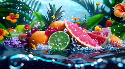 Wall Mural - High-angle shot of colorful fruits resting on a black floor underwater, with a 3D background emphasizing the vivid contrast.