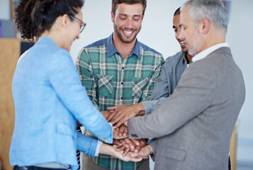 Poster - Business, people and hand stack in office, success huddle and together for teamwork motivation in creative workplace. Celebrating, work deal and group target, employees and professional in meeting
