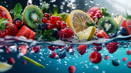 Wall Mural - High-angle shot of colorful fruits underwater on a black floor, with a 3D backdrop that highlights the vivid contrast and adds dimension.