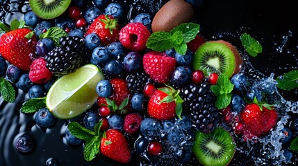 Wall Mural - Aerial photo of various fruits submerged in water, placed on a black floor with a 3D background that emphasizes the bright colors against the dark surface.