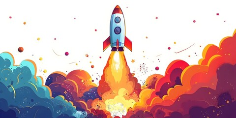 Wall Mural - colorful cartoon rocket ship blasting off into space with smoke and flames