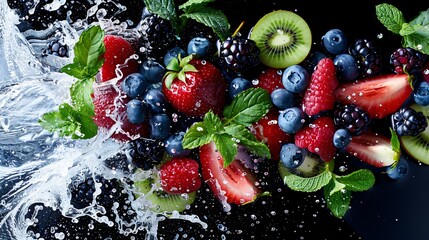 Wall Mural - Aerial image of fruits submerged in clear water on a black floor, with a 3D background that enhances the vibrant colors and adds depth.