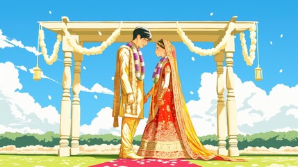 Canvas Print - anime illustration Indian couple stands together in mandap