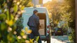 © olga_demina - Delivery man in uniform carrying a box towards a home in a green neighborhood. Reliable home delivery service.
