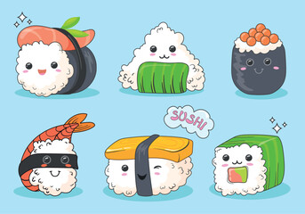 Wall Mural - Sushi rolls kawaii characters. Smiling sushis cute funny mascot, seafood roll with rice salmon seaweed sauce smile asian food face comic doodle character, neat vector illustration