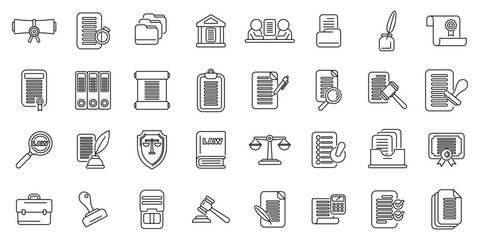 Poster - Notary services icons set. Various icons representing legal concepts, including contracts, courts, and legal documents, symbolizing the work of law firms in providing legal advice