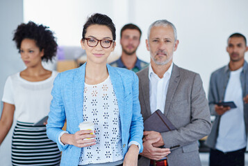 Aufkleber - Teamwork, portrait and business people in office for company, meeting and planning. Collaboration, smile and manager with ceo and group in workplace for development, research and working together
