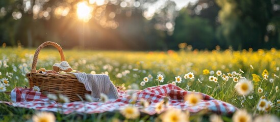 Wall Mural - Picnic Basket in a Field of Flowers at Sunset