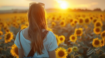 Back view of a woman standing in a sunflower field at sunset, capturing the beauty of nature and the golden hour glow.