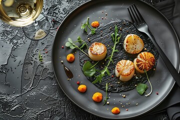 Wall Mural - a plate of food with oranges and a glass of wine