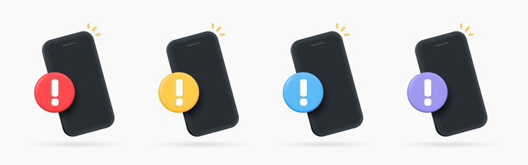 Poster - 3d phone with exclamation mark. smartphone with important notification. spam in email. mobile error 