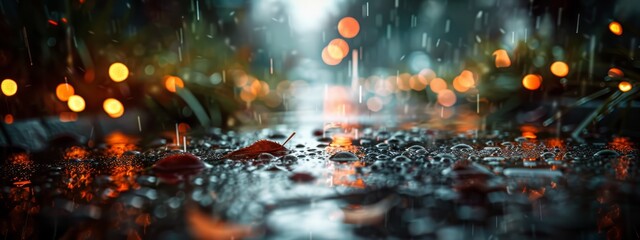 Wall Mural -  A tight shot of a rain-soaked ground, illuminated by distant lights, with a soft, indistinct depiction of raindrops on the surface