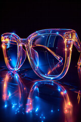Poster - A pair of elegant glasses wrapped in a glowing, translucent neon cover on a solid black backdrop,
