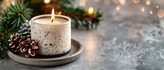 Poster -  A white candle atop a plate, accompanied by pine cones nearby and one atop a table