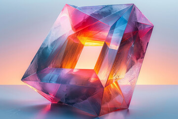 Poster - An abstract geometric shape covered in a neon, semi-transparent film, set against a solid white background,
