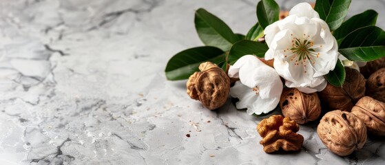 Poster -  A collection of nuts atop a marbled counter, adjacent to a white and green leafy plant