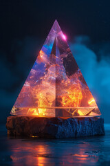 Poster - An abstract pyramid shape wrapped in a luminous, see-through neon film, on a solid blue backdrop,