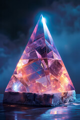 Poster - An abstract pyramid shape wrapped in a luminous, see-through neon film, on a solid blue backdrop,