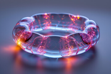 Poster - A floating, abstract ring shape wrapped in a luminous, semi-transparent neon cover, against a solid gray background,
