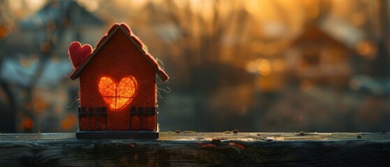 Poster -  A tiny, red house, featuring a heart-shaped window opening, perches atop a wooden fence