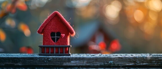 Canvas Print -  A red house, small in size, perched atop a wooden table against a backdrop of indistinct trees and foliage