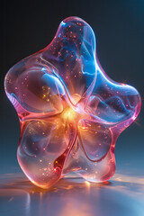 Poster - A floating, abstract star-like form encased in a neon, almost transparent film, against a solid gray backdrop,
