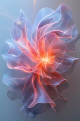 Poster - A floating, abstract star-like form encased in a neon, almost transparent film, against a solid gray backdrop,