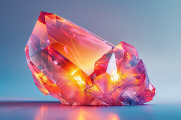 Poster - An abstract, faceted form encased in a glowing neon film, against a solid light blue background,