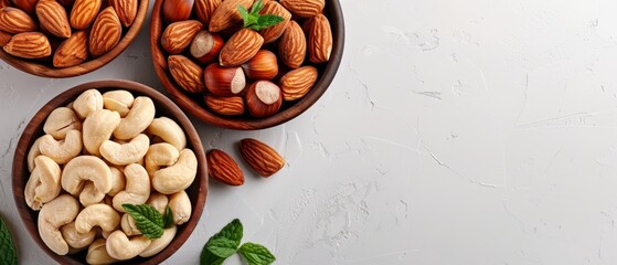 Poster -  Three bowls brimming with nuts sit beside fresh mint leaves A separate cup holds cashews on a pristine white tabletop