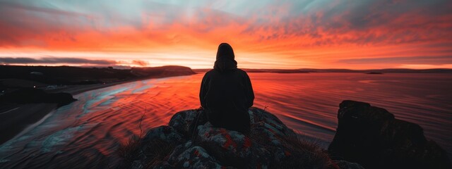 Wall Mural -  Person on rock, gazing at red-orange sunset over water body