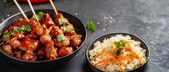  A tight shot of a bowl filled with food, chopsticks protruding An adjacent bowl holds steaming rice