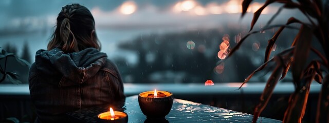 Poster -  A woman sits at a table, a candle in front of her, a potted plant nearby