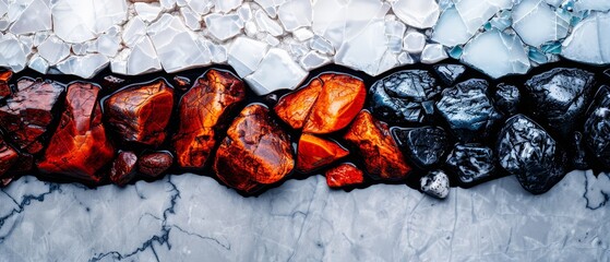 Sticker -  A collection of rocks resting atop an ice slab, situated over snow-covered ground