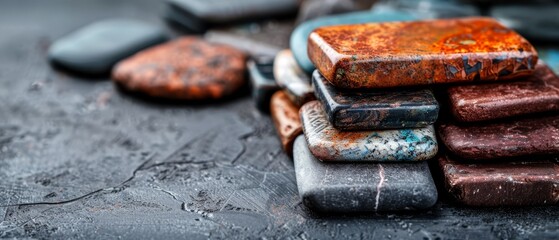 Canvas Print -  A wooden table holds two piles of rocks beside each other