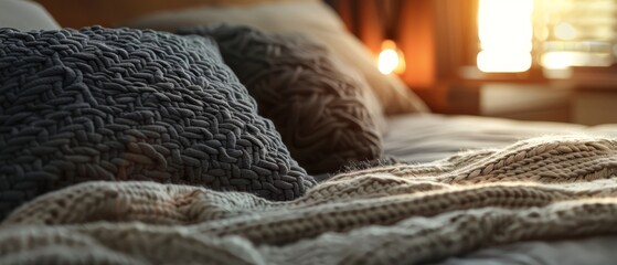 Wall Mural -  A tight shot of a bed with blanket and pillows, sunlit window behind Sunlight streams through the window