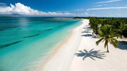 Idyllic tropical beach with turquoise waters, white sand, and lush palm trees, creating a relaxing and exotic atmosphere. 