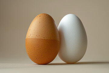 A smooth, white egg and a cracked, brown egg on a minimalist beige background,