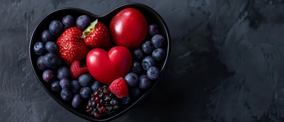  A heart-shaped bowl brimming with blueberries, strawberries, and raspberries against a dark backdrop